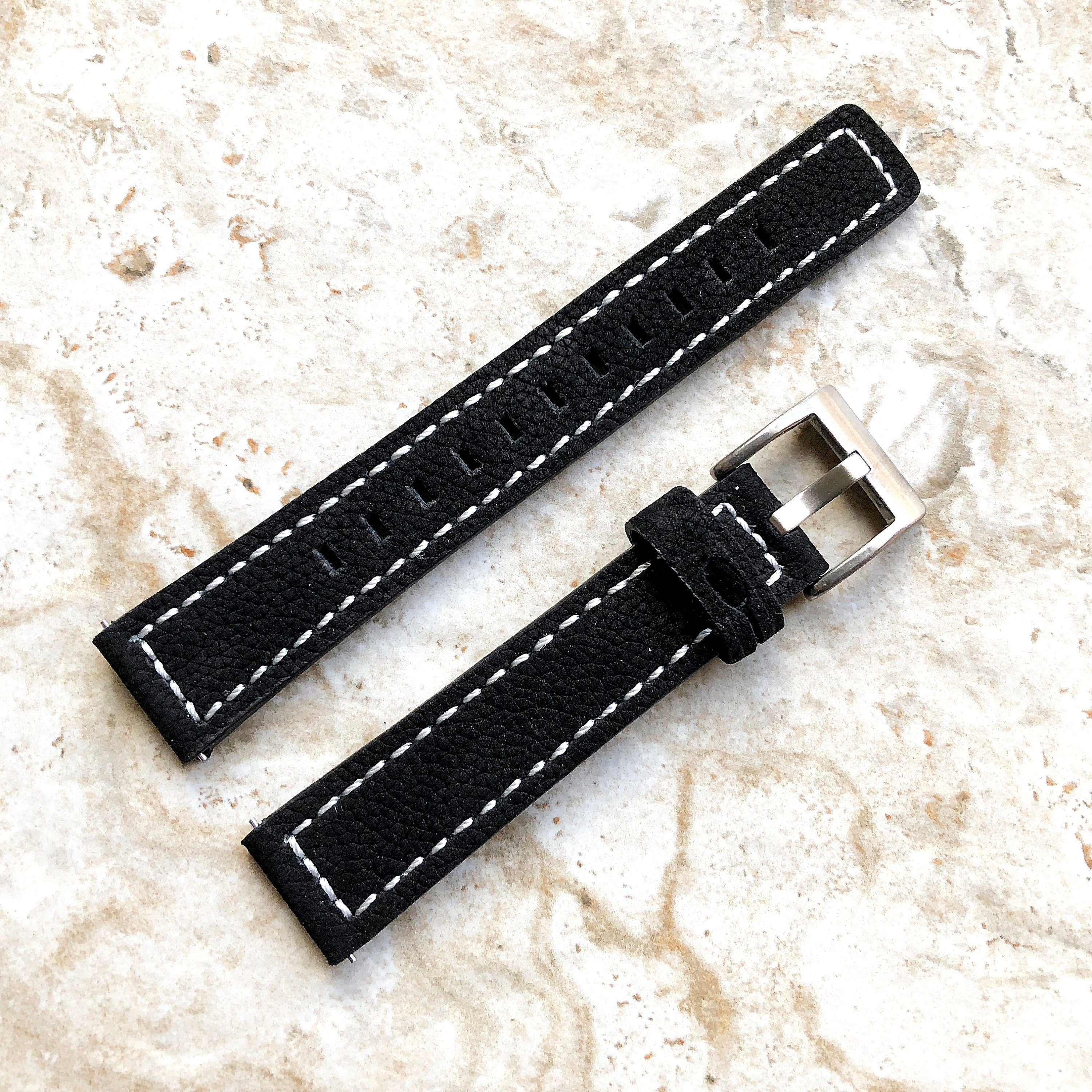 18mm Width Black Soft Leather Watch Strap Band Stitched for Wrist Hand Watches - Quick Release Pins Included Easy and Ready to Attach